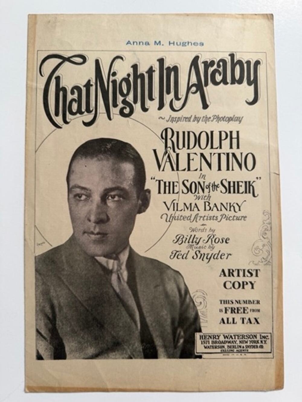 RARE 1926 Artist Copy Rudolph Valentino Sheet Music Son of the Sheik Night Araby